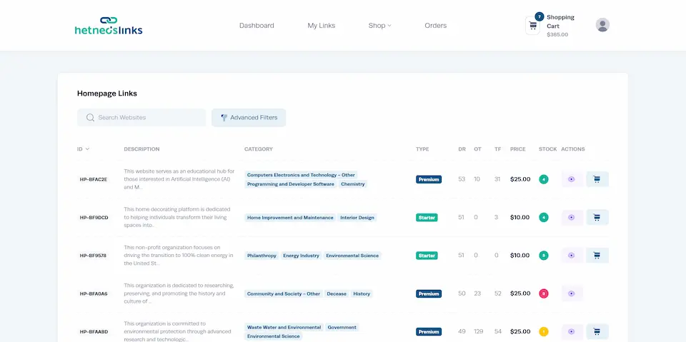 Browse 800+ vetted websites with full metrics