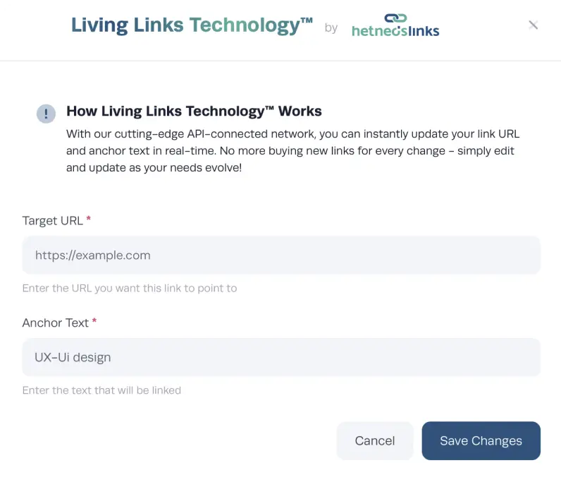 Update anchor text and target URLs anytime from your dashboard