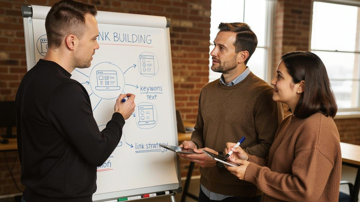 Charles, Cody, and Madison collaborating on a link building strategy at a whiteboard
