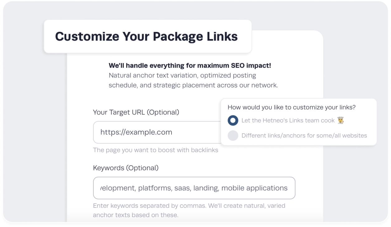 Place your links interface showing URL and keyword submission
