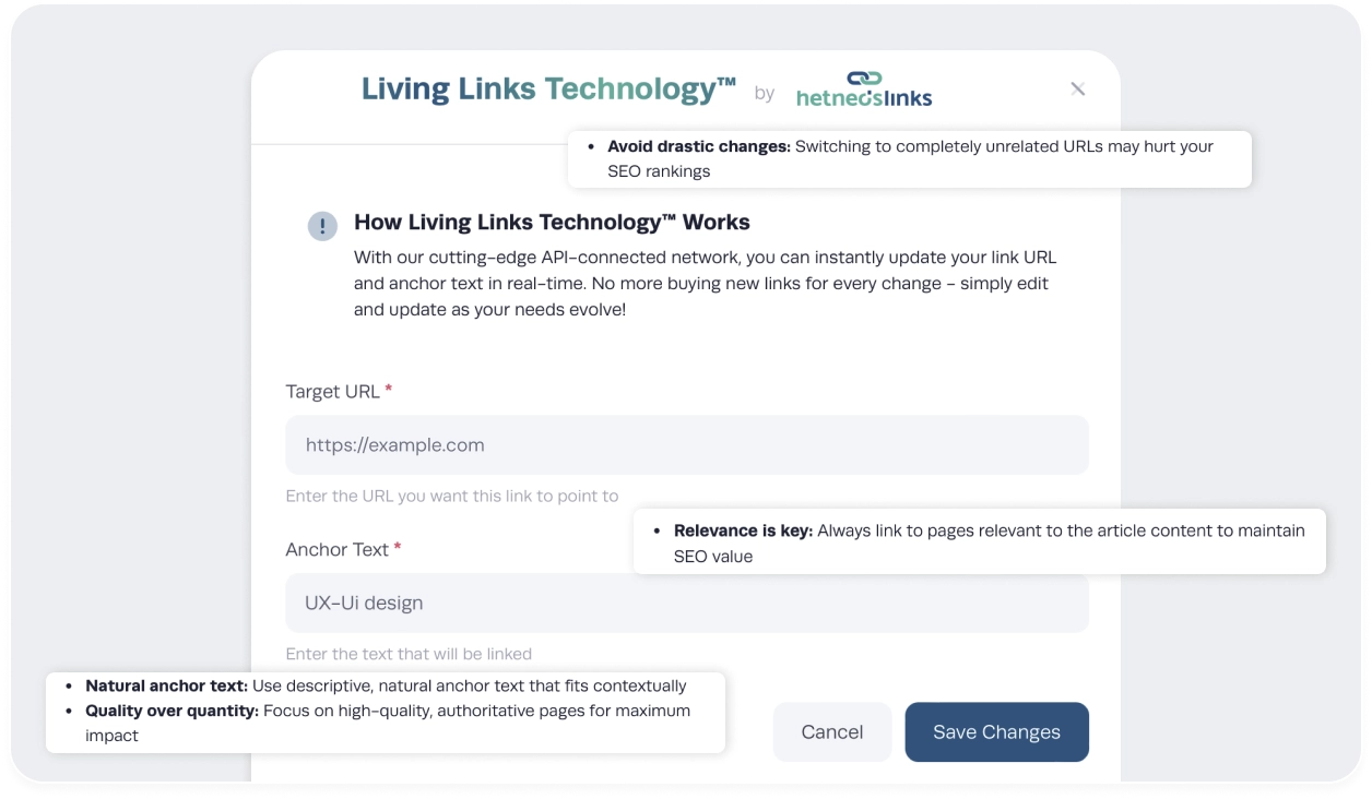 Interface for instantly updating link anchors and URLs