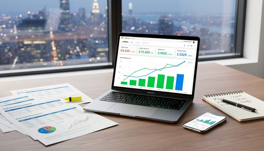 Laptop showing analytics with cash and coins representing AdSense arbitrage profitability