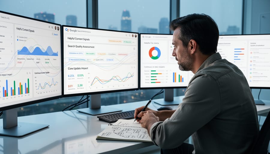 Business professional examining website analytics reports with magnifying glass on desk