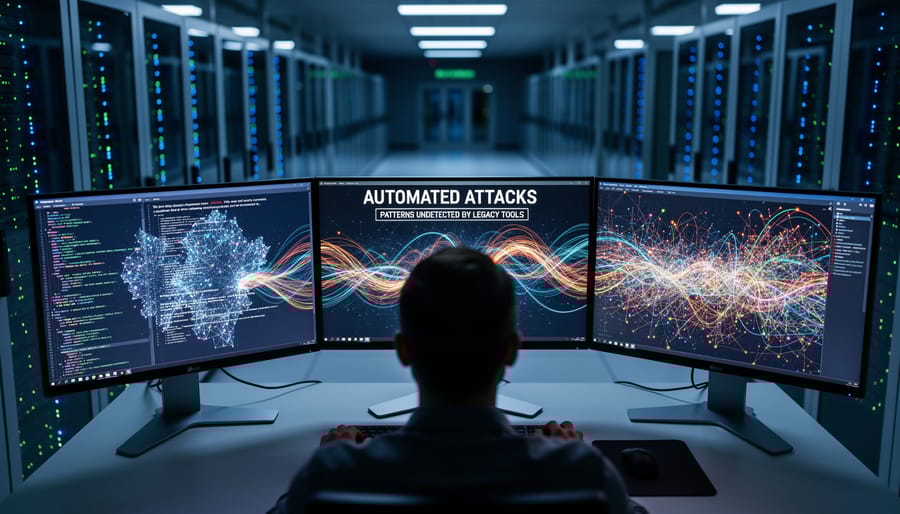 Server room with multiple blinking status lights showing high-volume automated network activity