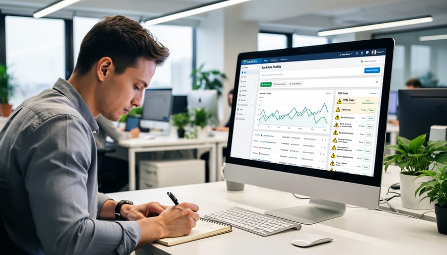 Business professional examining documents with magnifying glass representing link profile audit