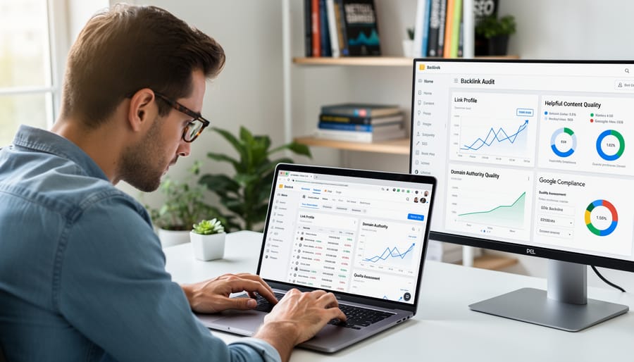 Hands reviewing website content on tablet while taking notes for backlink audit