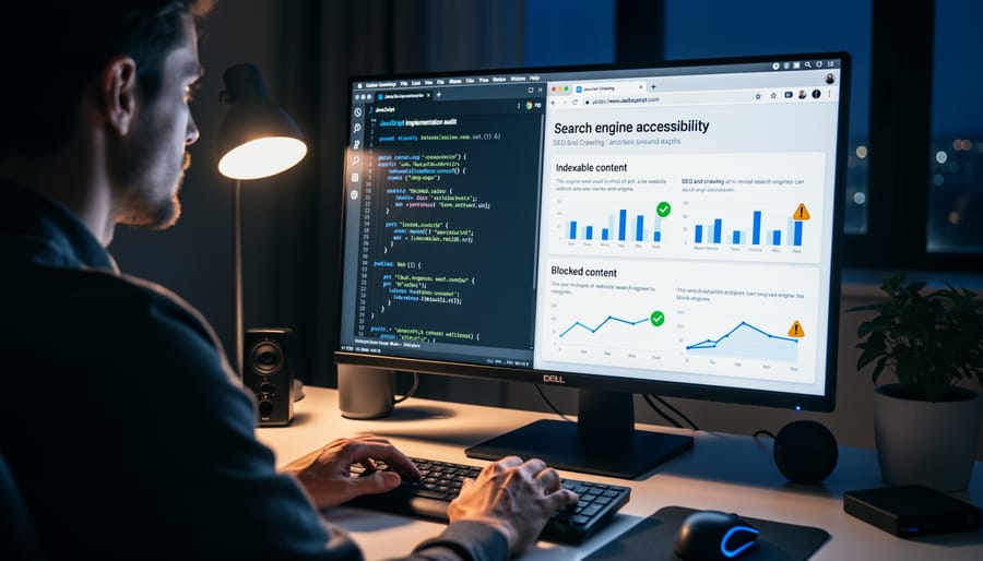 Magnifying glass examining website code with markup annotations