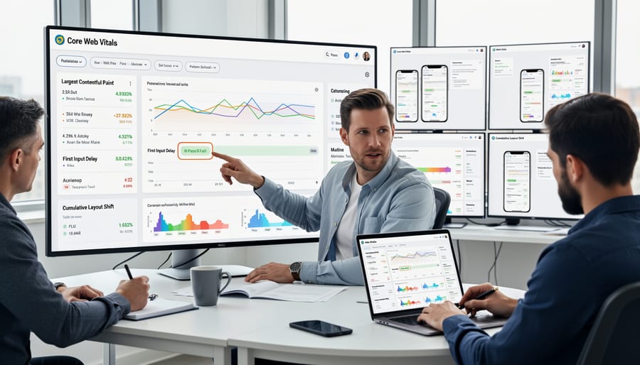 Developer analyzing website performance metrics on laptop dashboard