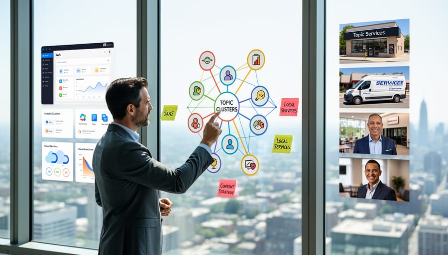 Business professionals collaborating on strategy around conference table