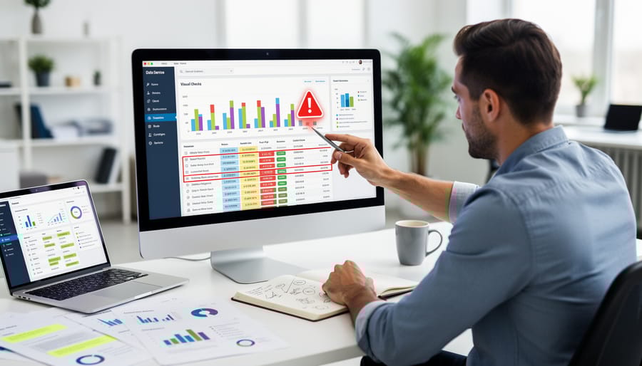 Magnifying glass examining spreadsheet data representing statistical validation and quality checks