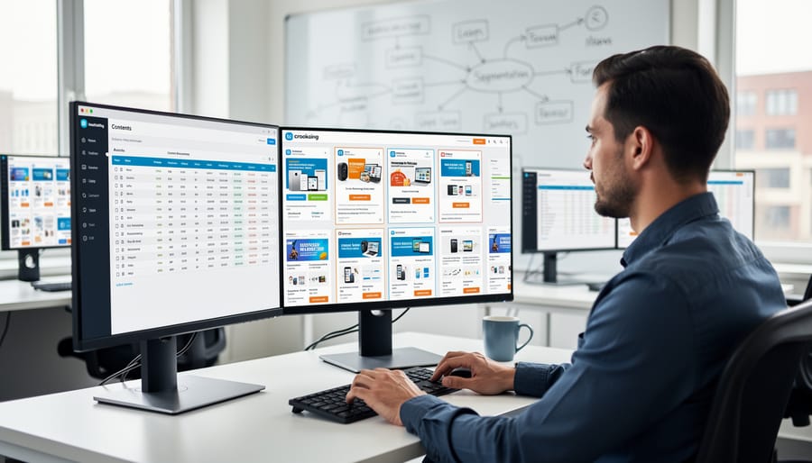 Overhead view of laptop with spreadsheet data on wooden desk with hands typing