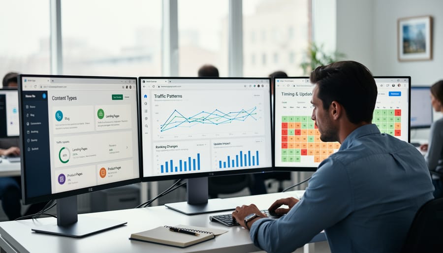 Person using magnifying glass to examine analytics data on desk with laptop