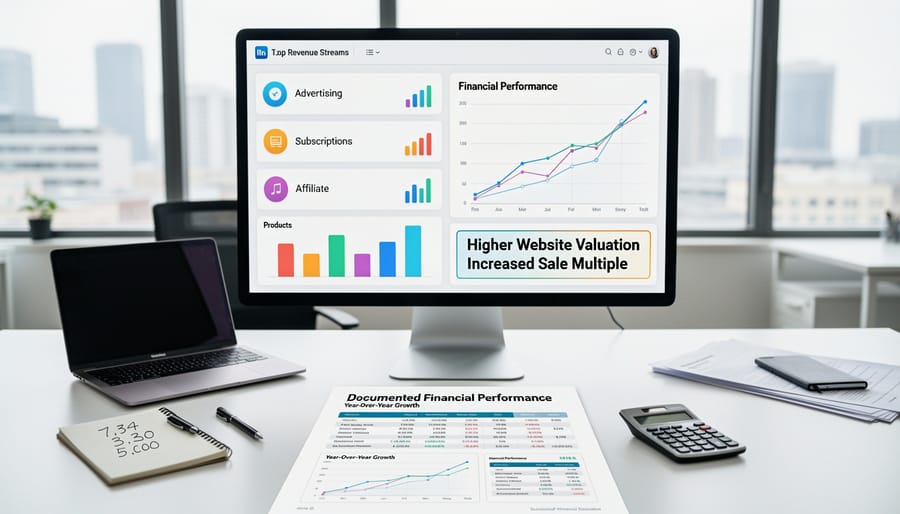 Organized workspace showing multiple revenue documentation and financial tracking materials