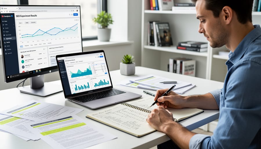 Open laboratory notebook with notes on desk beside laptop and coffee