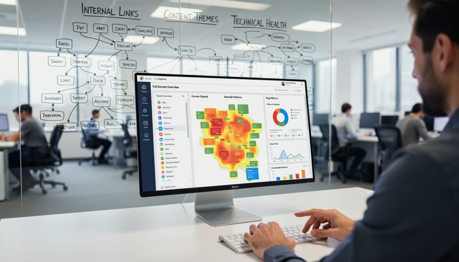 Magnifying glass examining website on laptop screen showing domain analysis