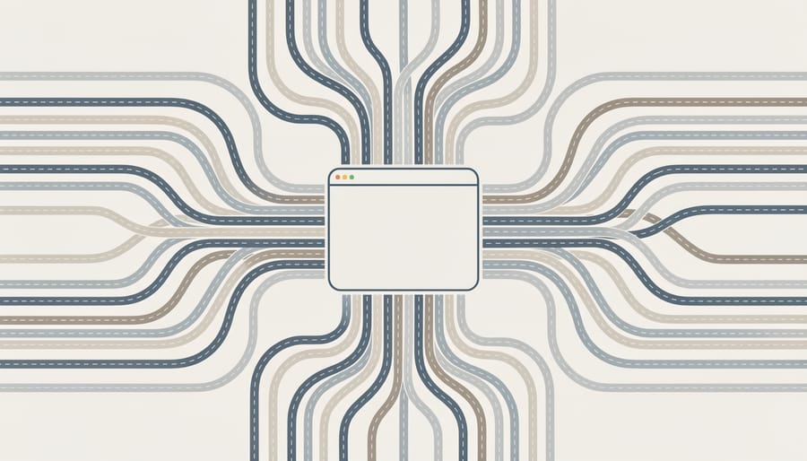Aerial view of complex highway interchange showing multiple overlapping roads and pathways