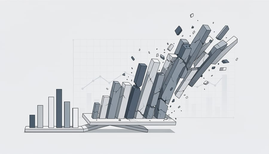 Collapsing house of cards on desk representing failed assumptions and unstable foundations