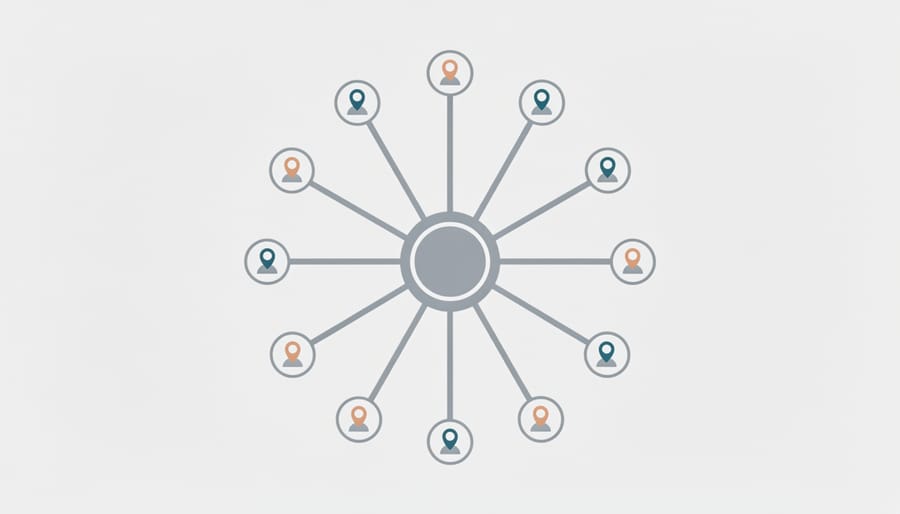 Aerial view of hub-and-spoke road network with central highway connecting to multiple smaller roads