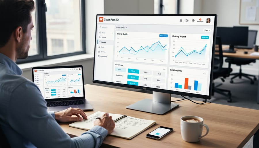 Business professional analyzing performance metrics and data at desk