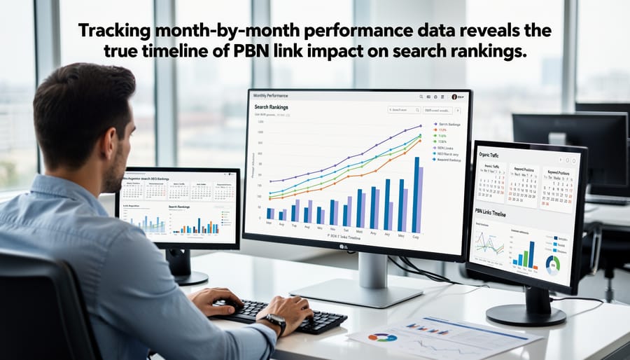 Workspace with analytics reports and laptop showing SEO performance tracking