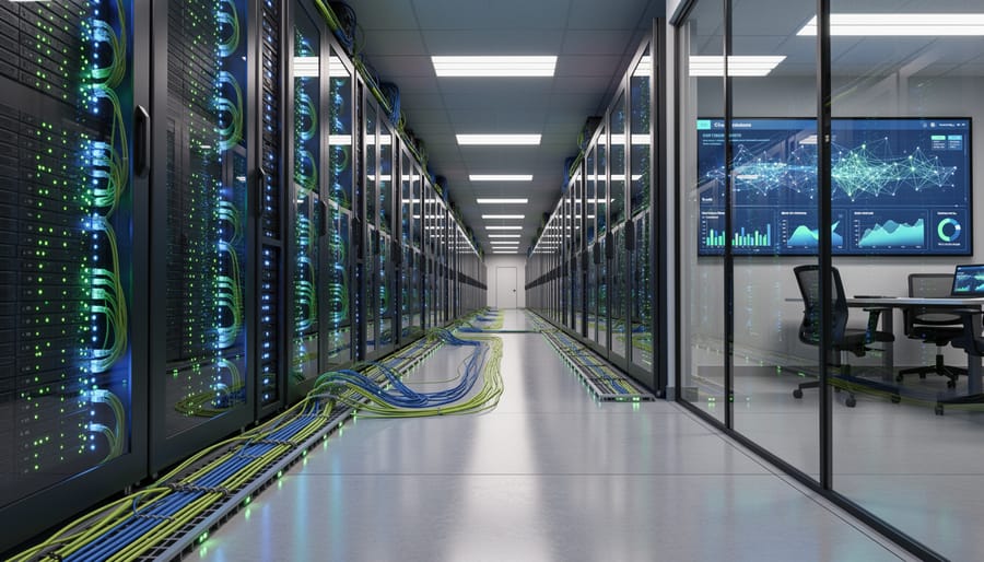 Illuminated fiber optic network cables showing data flow in server environment