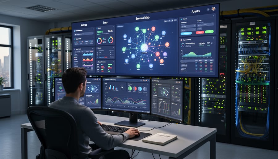 Operations center with monitoring displays showing real-time infrastructure metrics