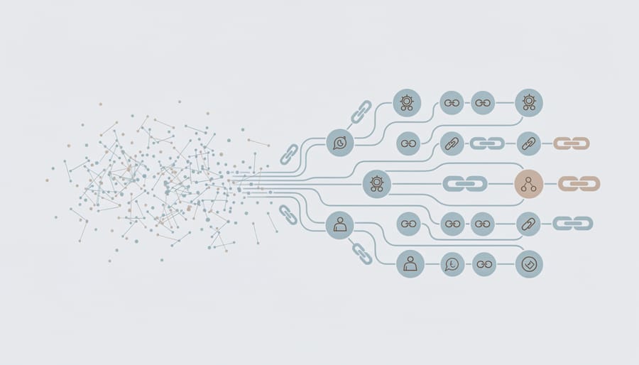 Hands organizing scattered business materials into organized stacks on desk