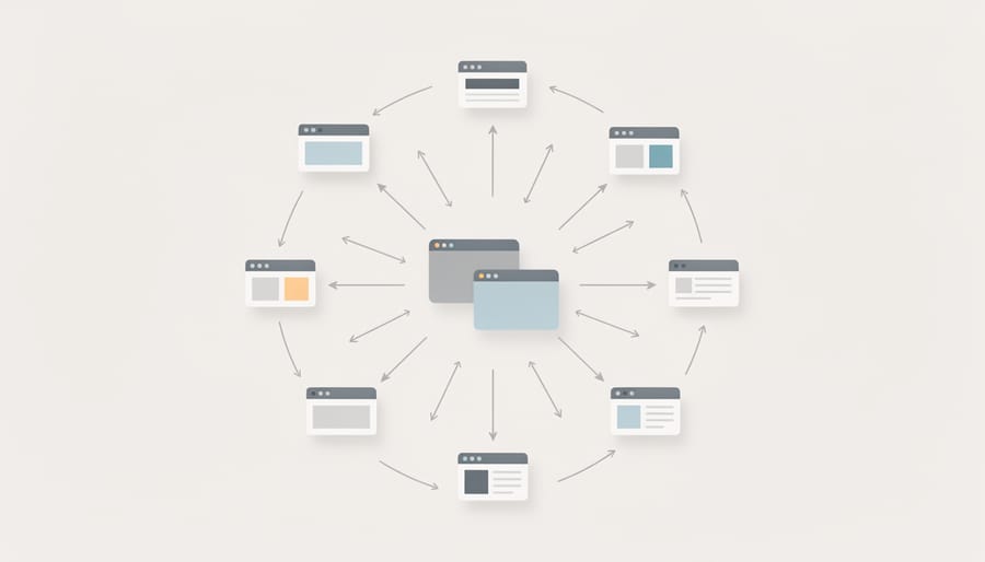 Network of connected websites and documents on desk representing PBN link structure