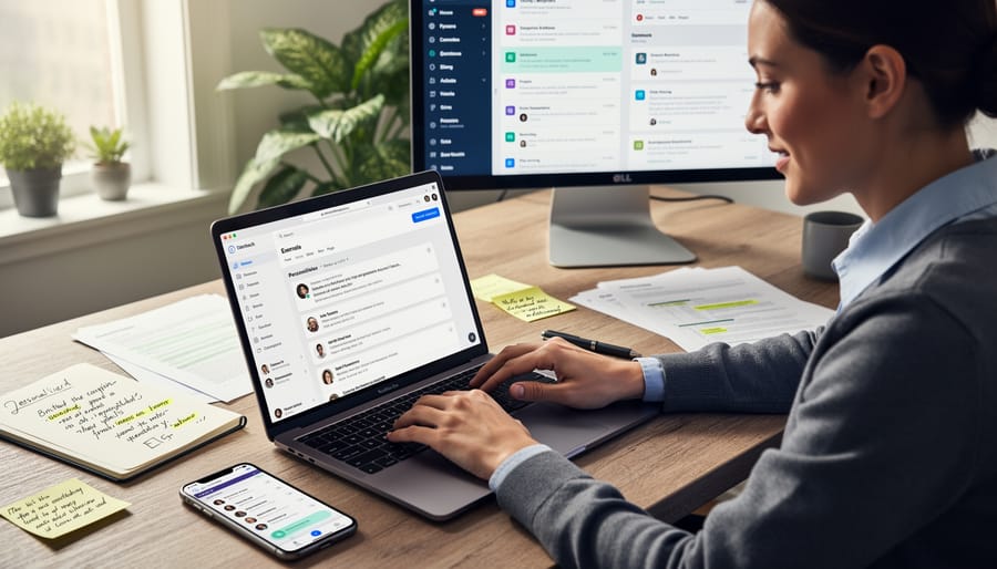 Professional typing personalized outreach email on laptop