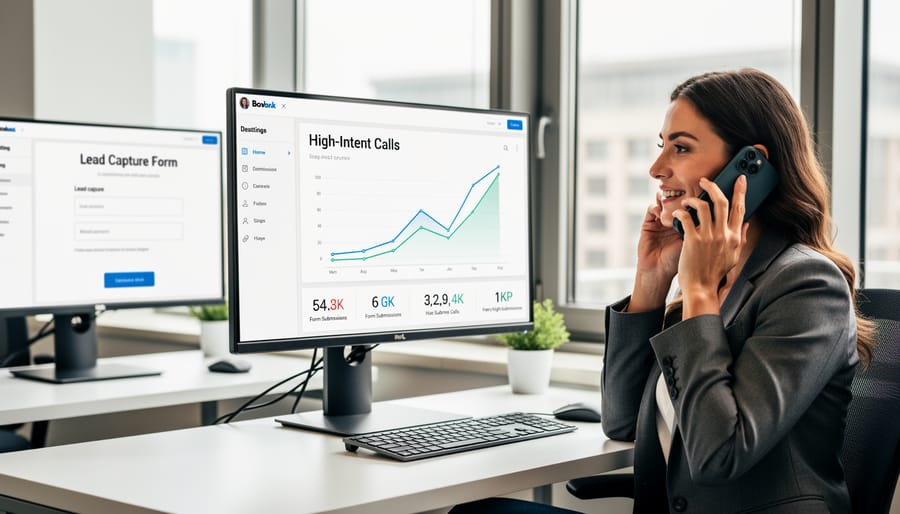 Business professional engaged in phone call conversation in office setting