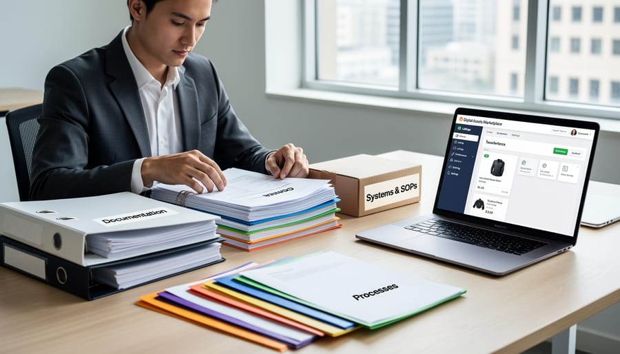 Entrepreneur preparing website documentation with multiple devices showing business systems