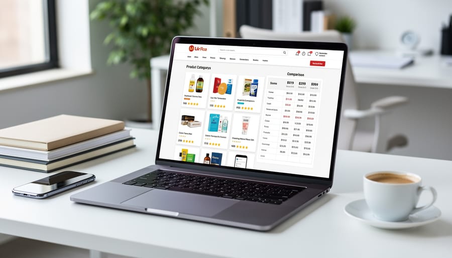 Hands organizing multiple product packages on table for comparison