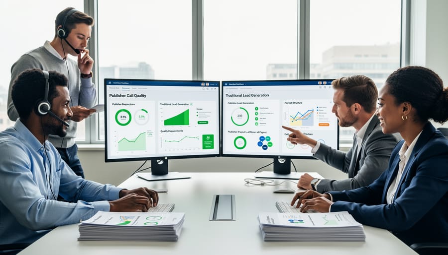 Marketing team collaborating and discussing strategy around laptop in modern office