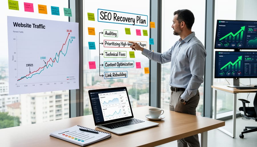 Organized workspace with laptop and planning materials for SEO strategy