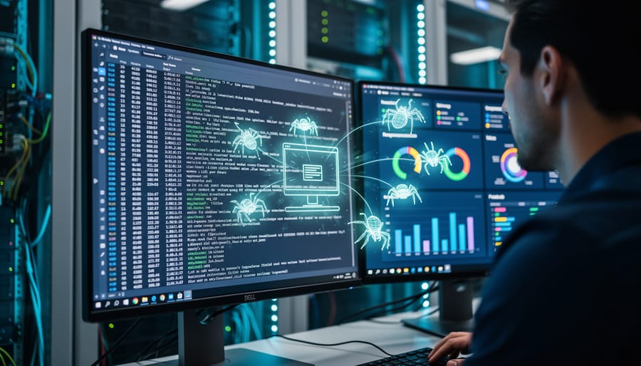 Magnifying glass examining detailed server log entries and data