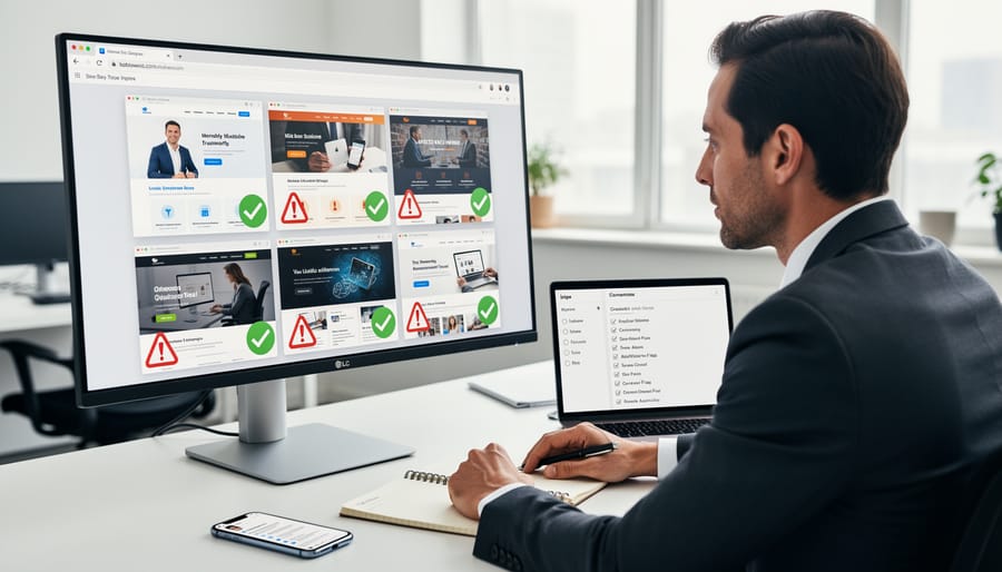 Magnifying glass examining website content with warning markers for quality assessment