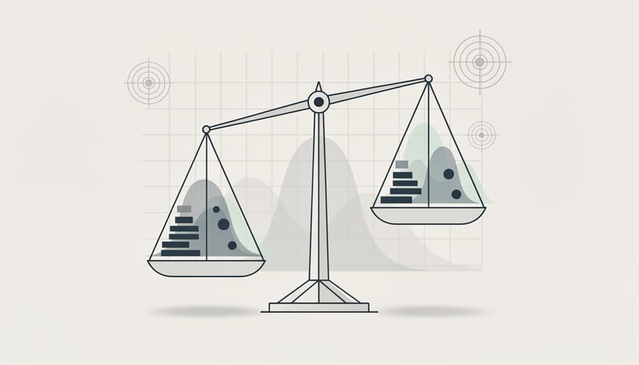 Laboratory precision scale with dice representing statistical measurement and probability