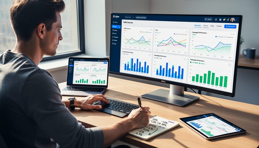 Person analyzing web traffic and AdSense metrics at computer workstation