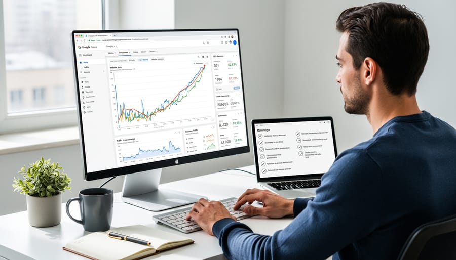 Person working at computer with analytics showing traffic recovery trend