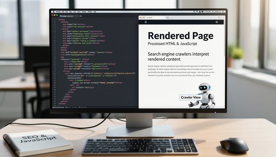 Web developer reviewing code on computer monitors in modern workspace