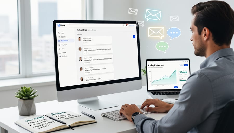 Professional writing email outreach pitch on laptop with smartphone nearby