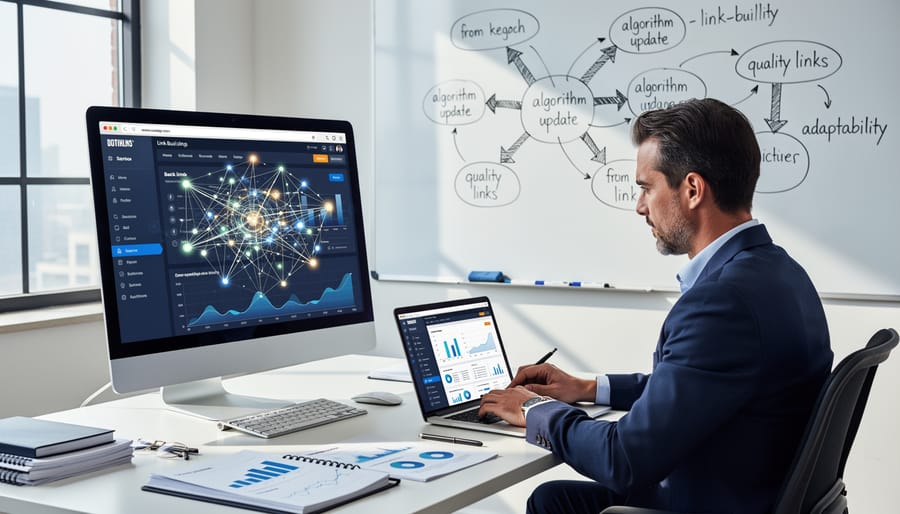 Clean workspace with notebook and laptop representing strategic planning