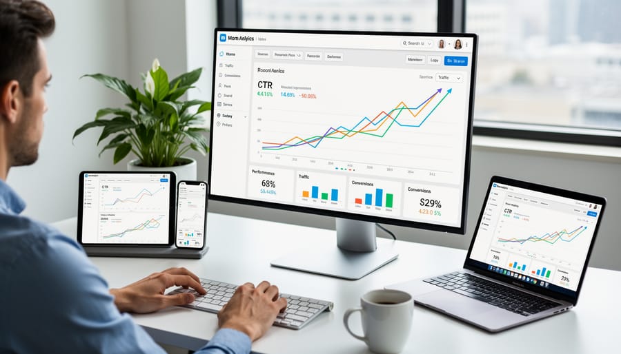 Laptop showing analytics dashboard with positive performance metrics