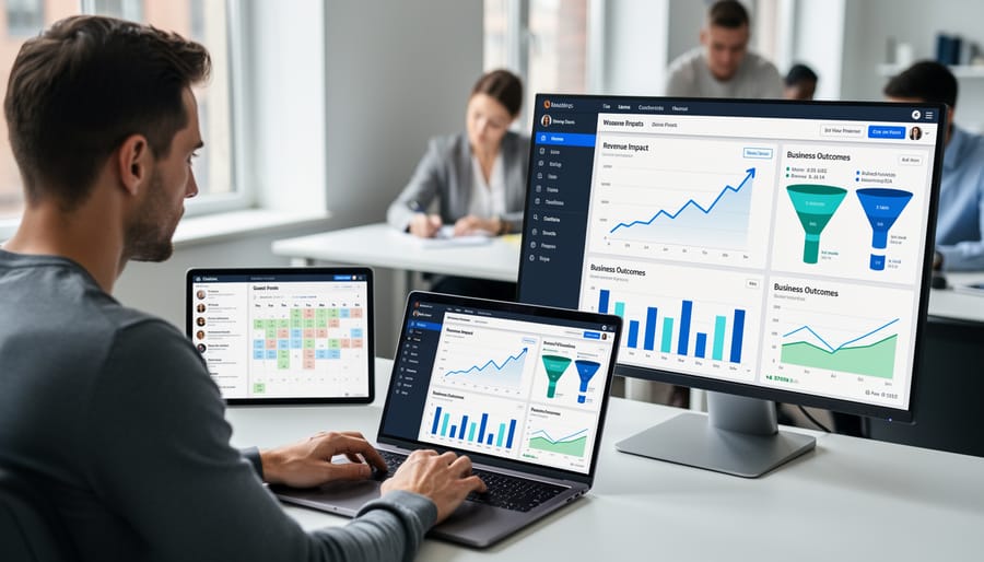 Business professional analyzing performance metrics on laptop dashboard