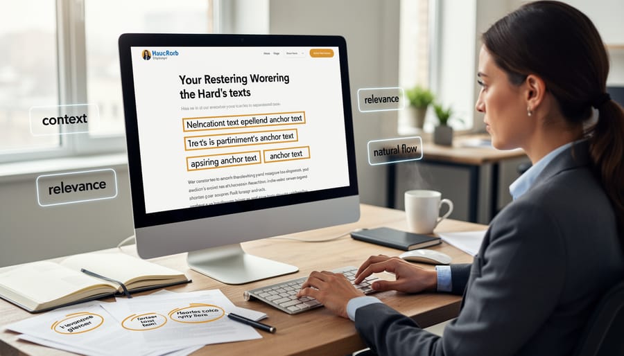 Hand with pen marking highlighted text on document showing anchor text selection process