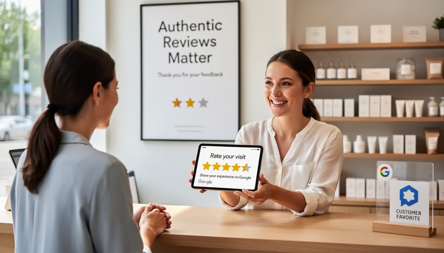 Real customers naturally engaging with smartphones at cafe, representing authentic review generation