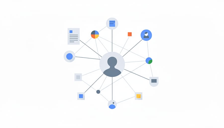 Network of connected nodes representing author entity relationships in digital space