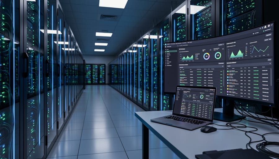 Server room with rows of illuminated server racks showing infrastructure for automated systems