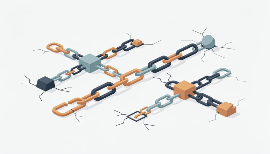 Various interconnected chain links of different materials showing network connections