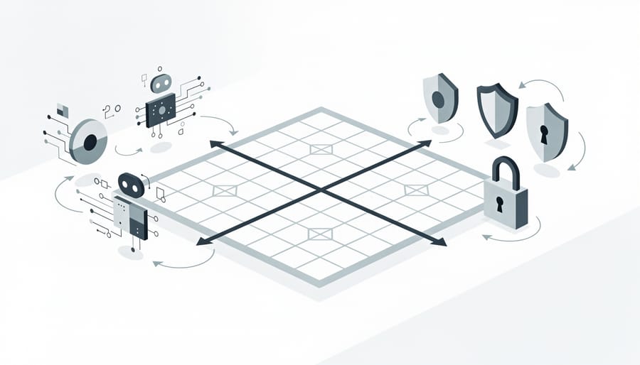 Chess board with human hand and robotic arm both reaching for pieces representing technological arms race